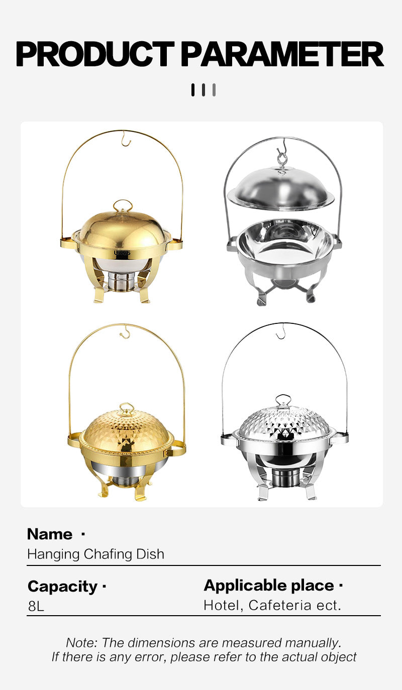 Food Warmer Gold / Silver Hanging Cheffing Dishes 8L