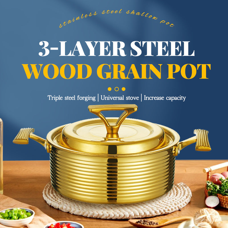 Three-layer steel wood grain titanium shallow pot