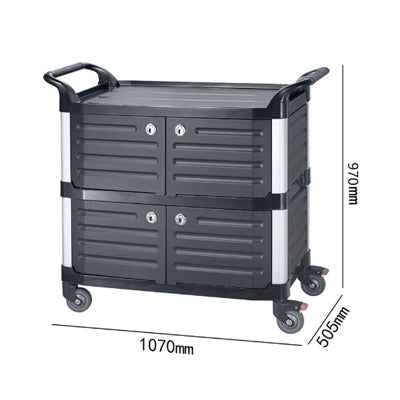Black plastic three-tier delivery cart with door
