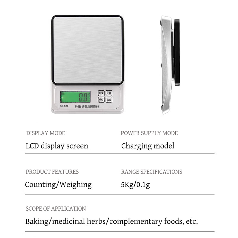 Silver waterproof electronic kitchen scale 3kg/0.1g
