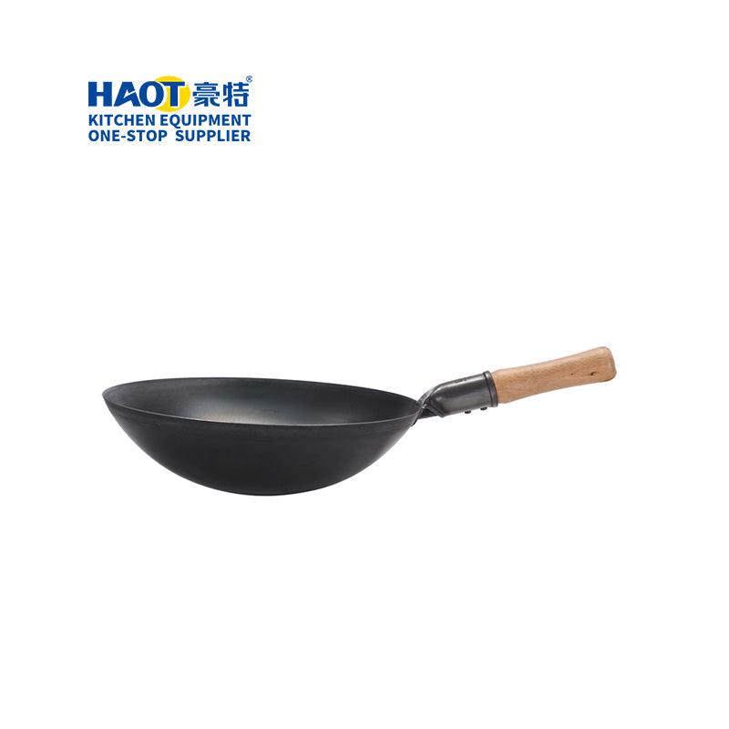 32cm wooden handle real iron black steel wok (round bottom)