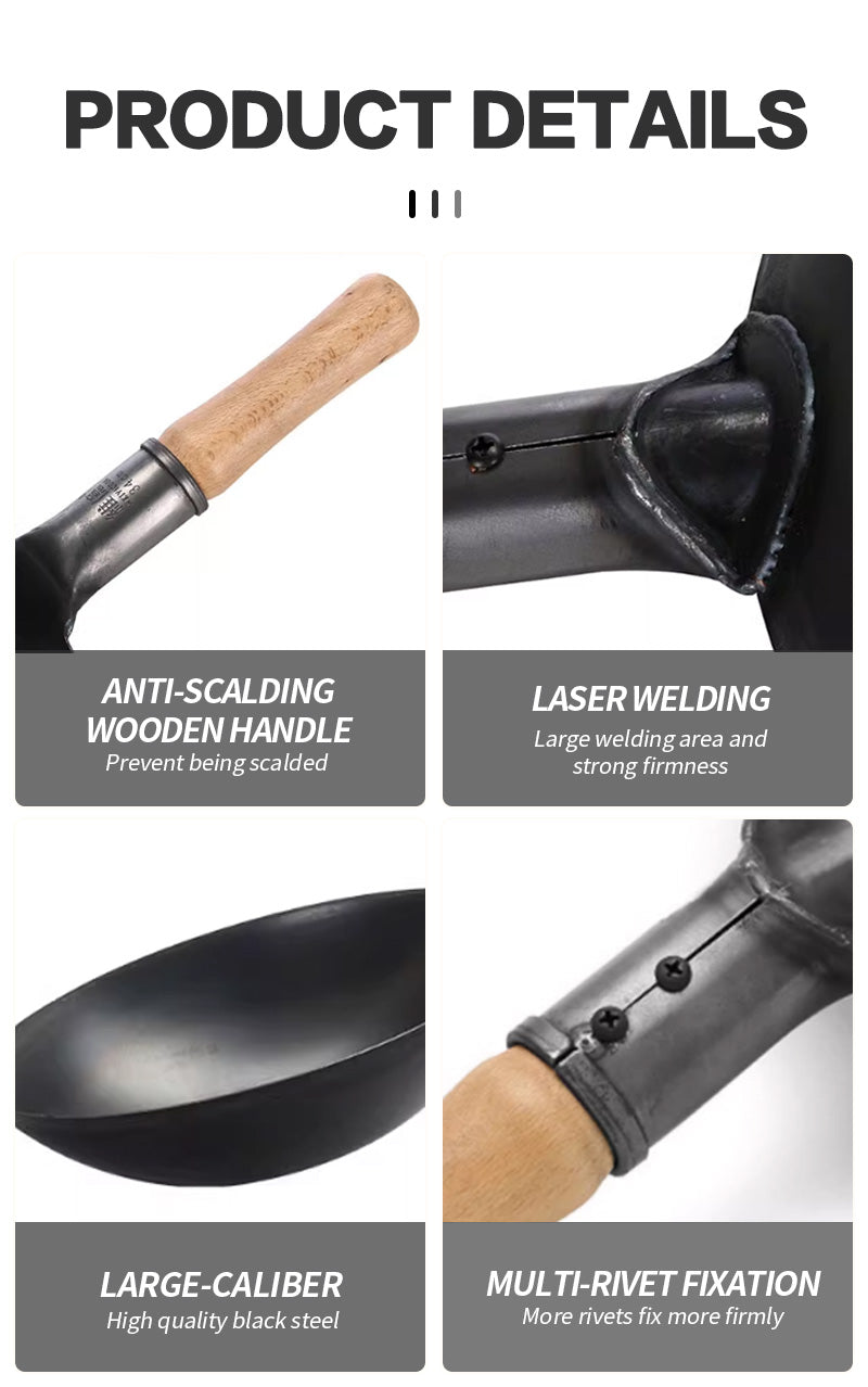 32cm wooden handle real iron black steel wok (round bottom)