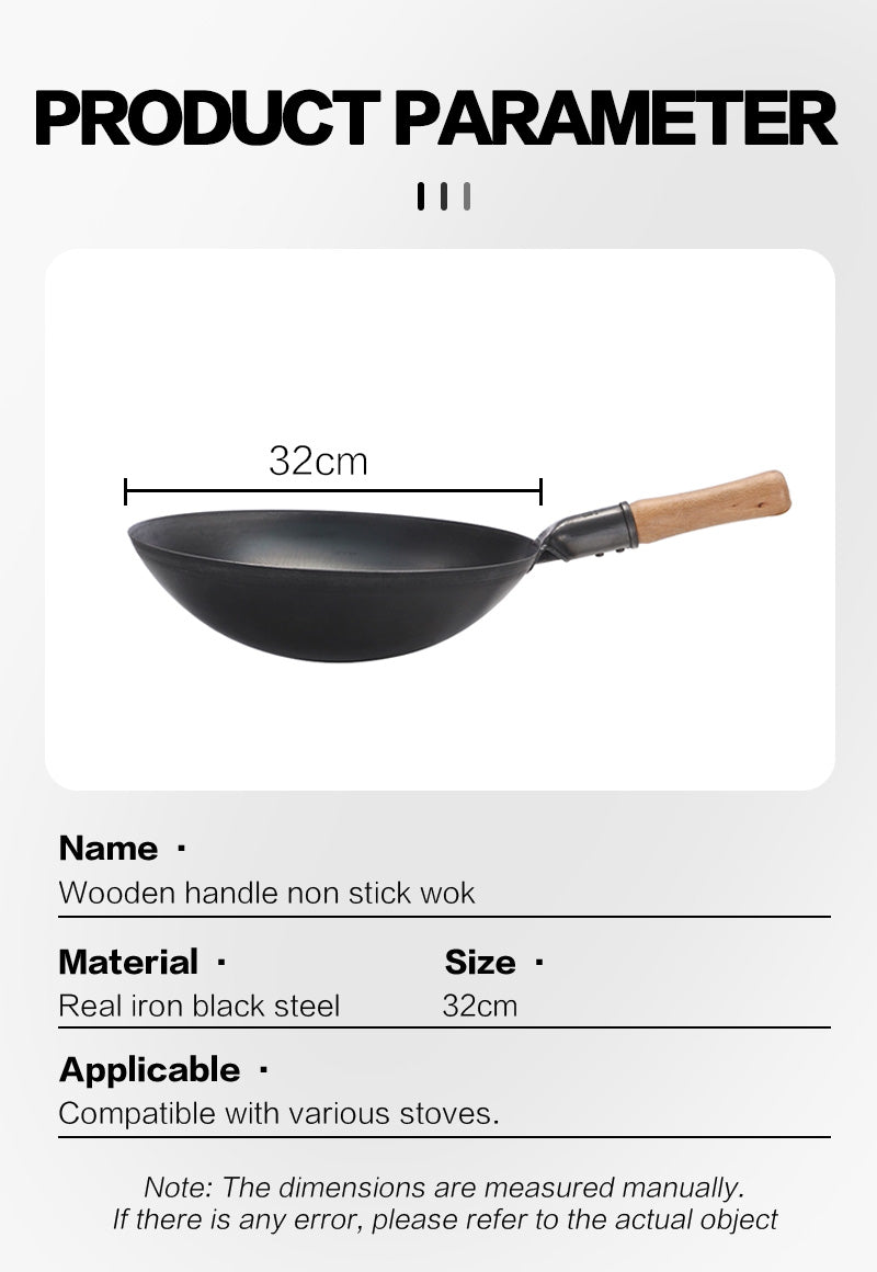 32cm wooden handle real iron black steel wok (round bottom)