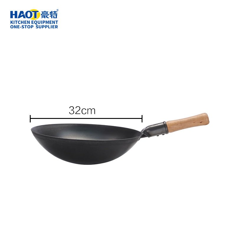 32cm wooden handle real iron black steel wok (round bottom)