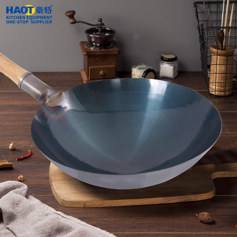 32cm wooden handle real iron black steel wok (round bottom)