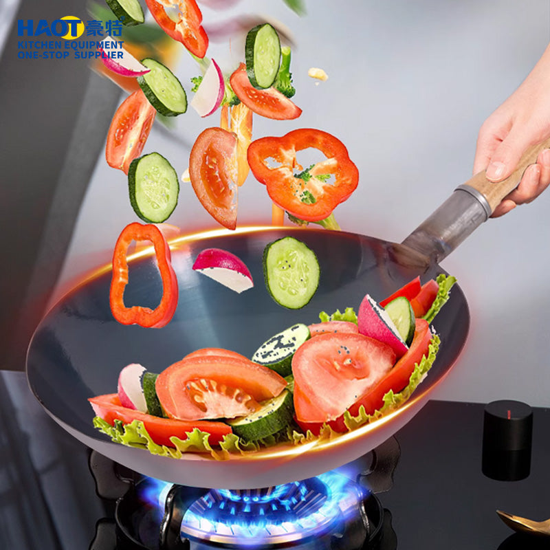 32cm wooden handle real iron black steel wok (round bottom)