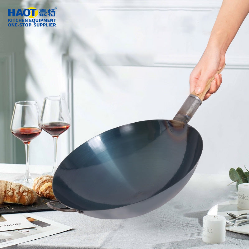 32cm wooden handle real iron black steel wok (round bottom)