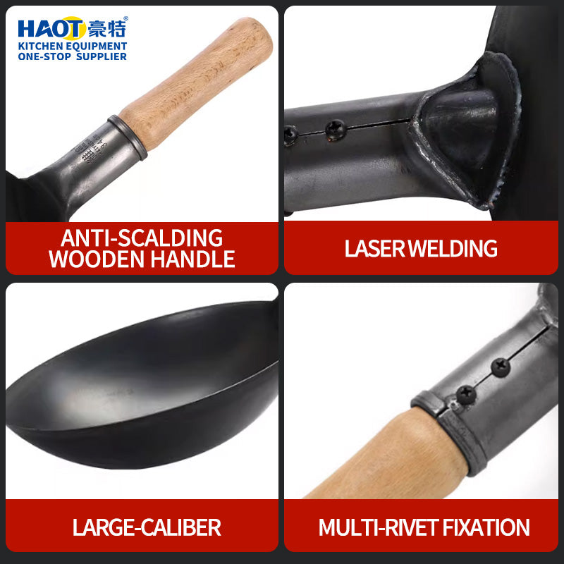 32cm wooden handle real iron black steel wok (round bottom)