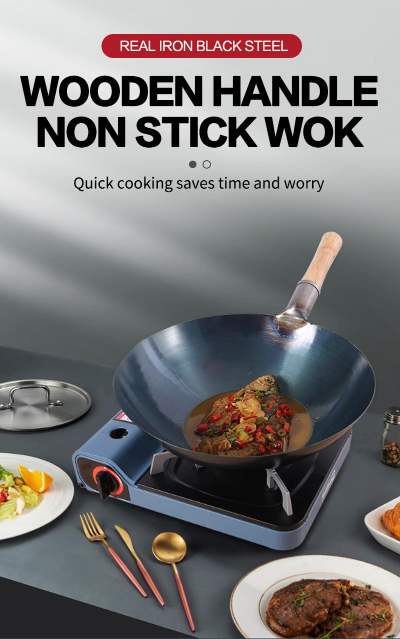 32cm wooden handle real iron black steel wok (round bottom)