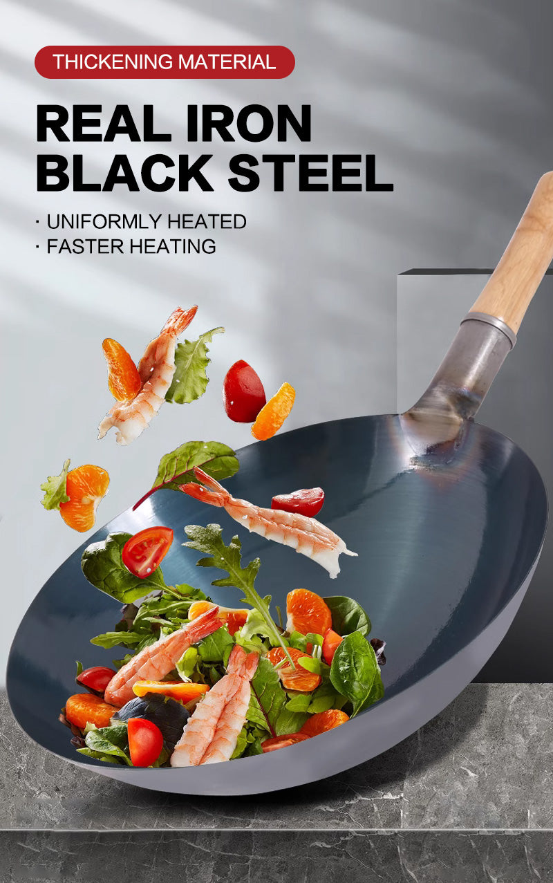 32cm wooden handle real iron black steel wok (round bottom)