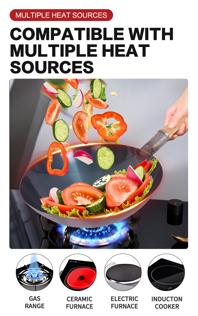 32cm wooden handle real iron black steel wok (round bottom)