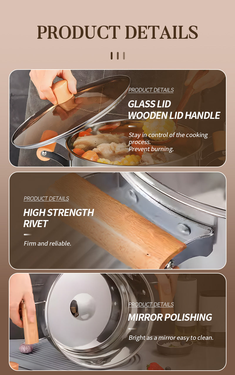 Shide 20cm Stainless Steel Soup Pot with Wooden Handles