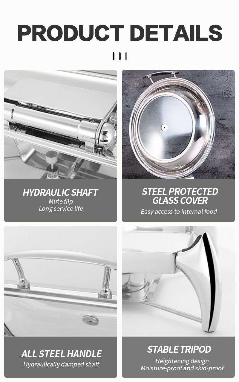 Stainless Steel Buffet Food Warmer Chafing Dish with Display Round Glass Lids