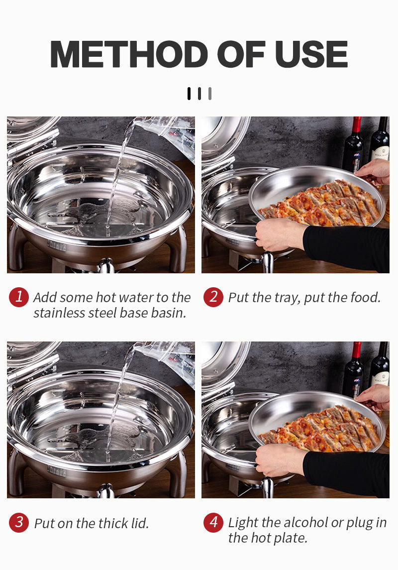 Stainless Steel Buffet Food Warmer Chafing Dish with Display Round Glass Lids