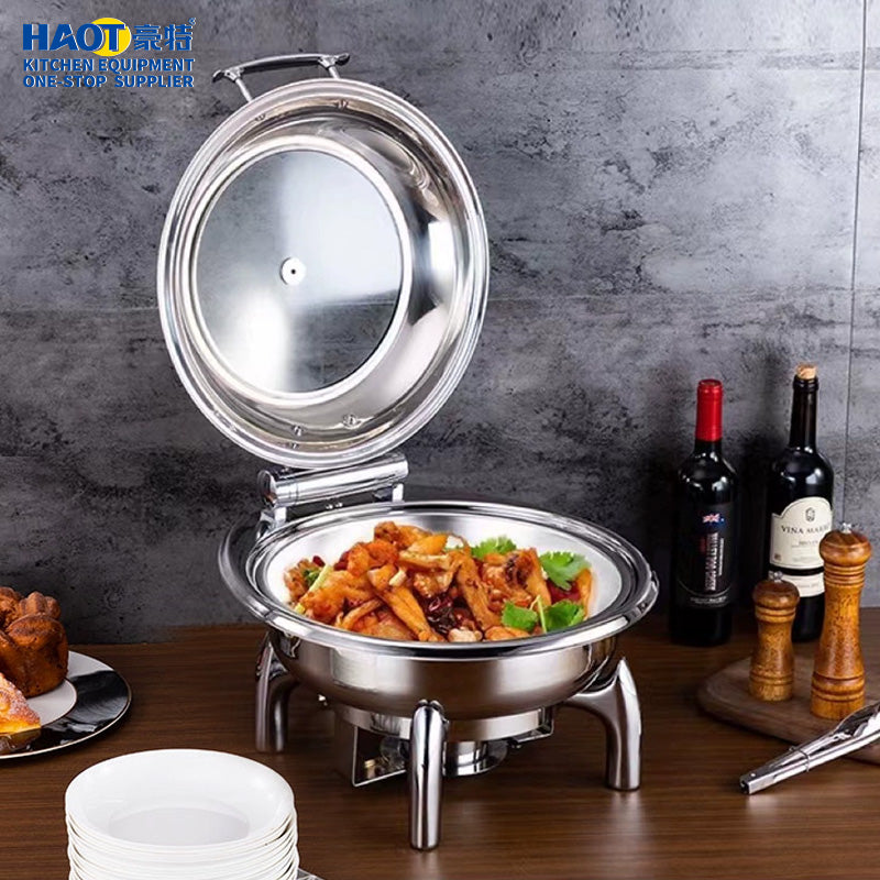 Stainless Steel Buffet Food Warmer Chafing Dish with Display Round Glass Lids