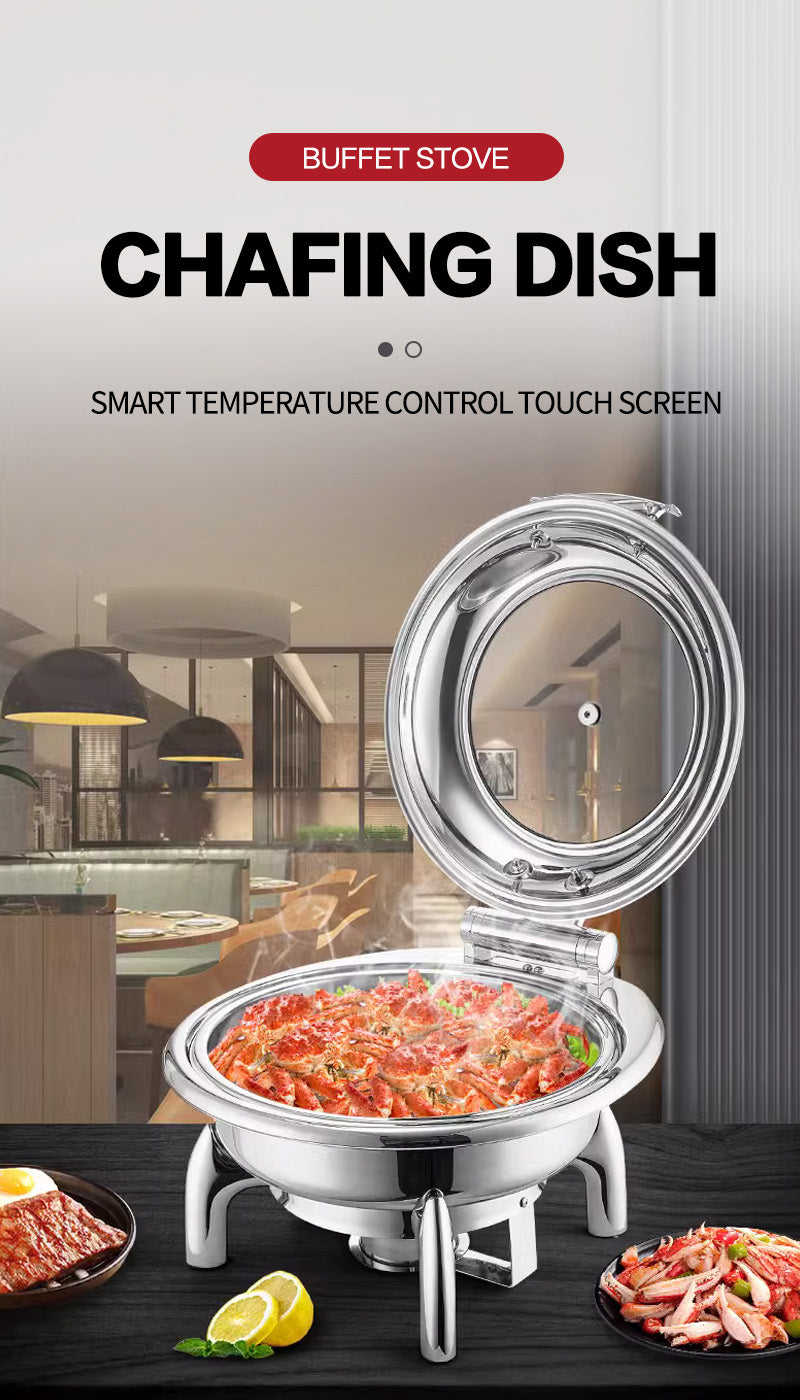 Stainless Steel Buffet Food Warmer Chafing Dish with Display Round Glass Lids