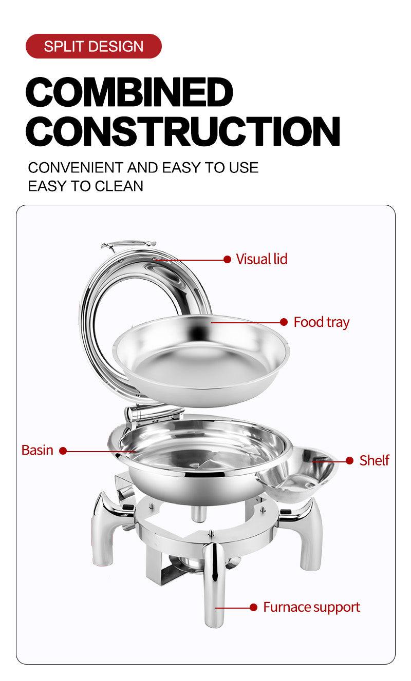 Stainless Steel Buffet Food Warmer Chafing Dish with Display Round Glass Lids