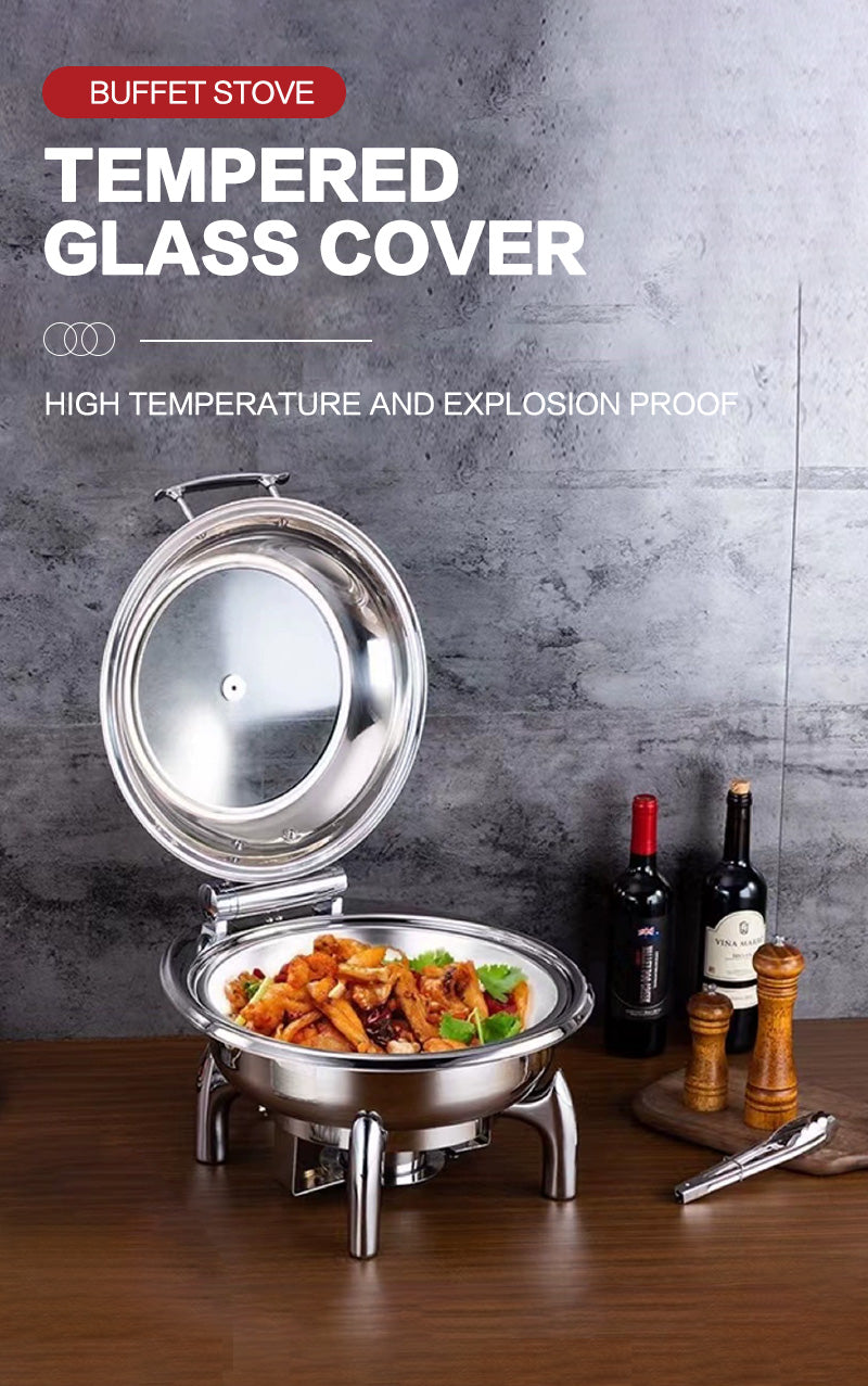 Stainless Steel Buffet Food Warmer Chafing Dish with Display Round Glass Lids