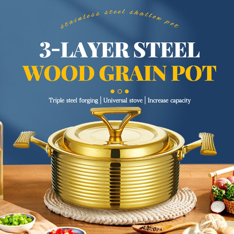 Three-layer steel wood grain titanium shallow pot