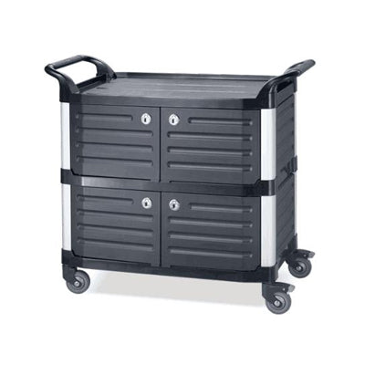 Black plastic three-tier delivery cart with door
