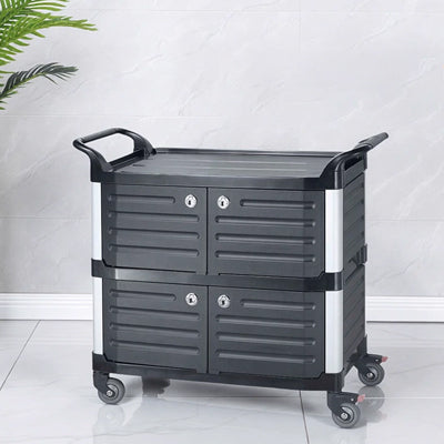 Black plastic three-tier delivery cart with door