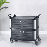 Black plastic three-tier delivery cart with door