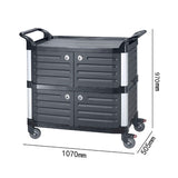 Black plastic three-tier delivery cart with door