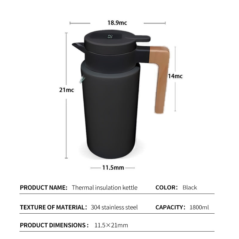 304 black wooden handle insulated kettle 1800ml (digital display with temperature)